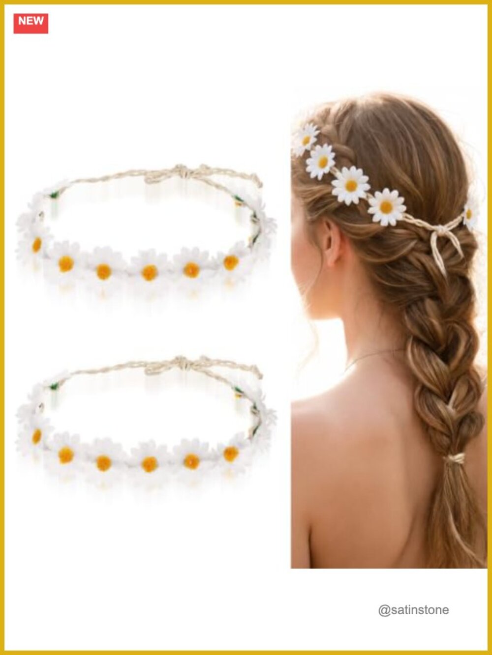 2 Pc Daisy Flower Crown Headband Set Fabric Wax Rope Boho Hair Accessories